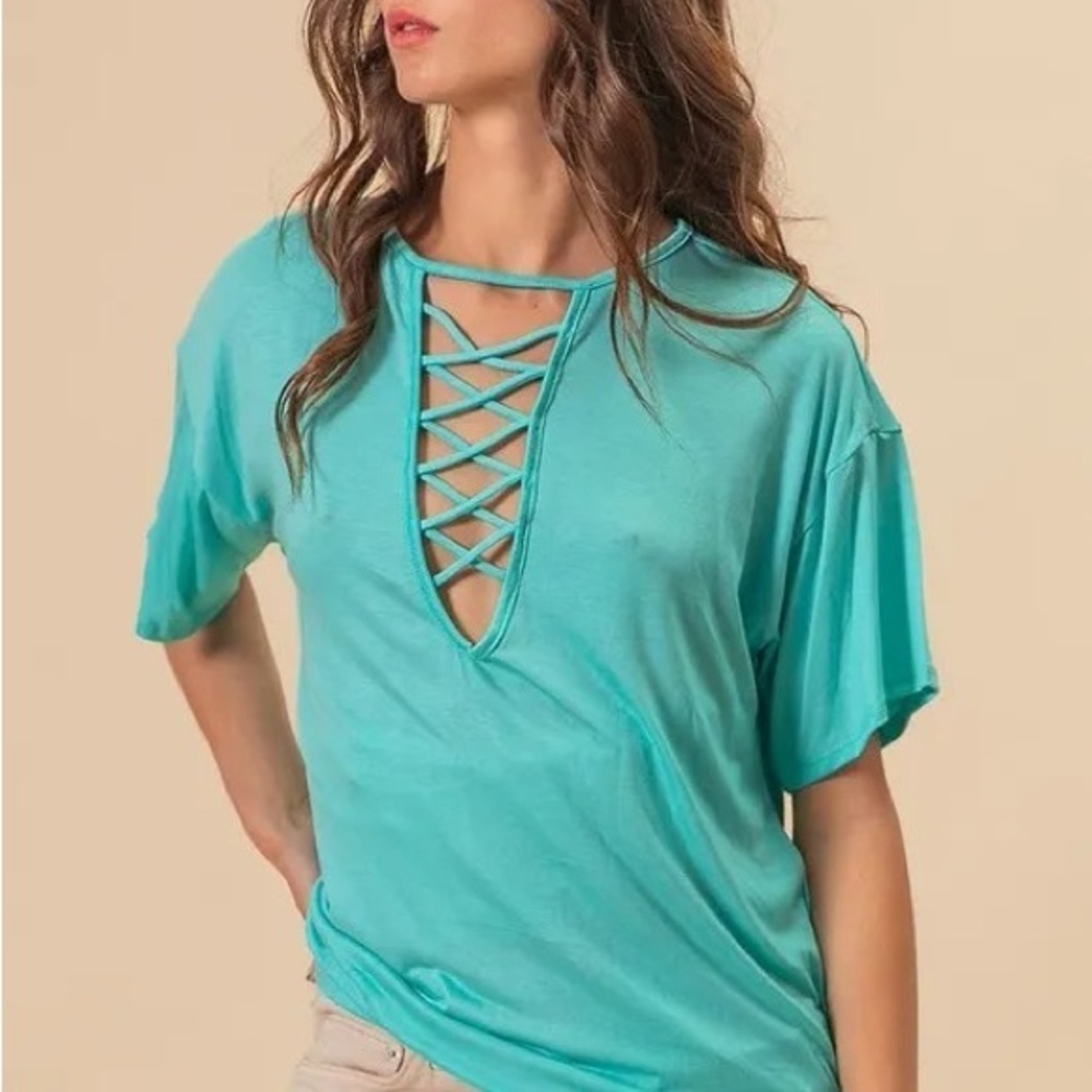 BiBi Jersey Knit Top with Criss Cross Front Neck Detail - Picture 2 of 6